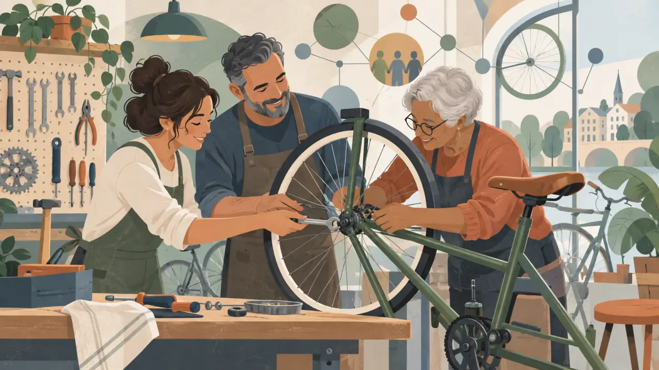 Des personnes de trois générations réparent des vélos dans un atelier associatif