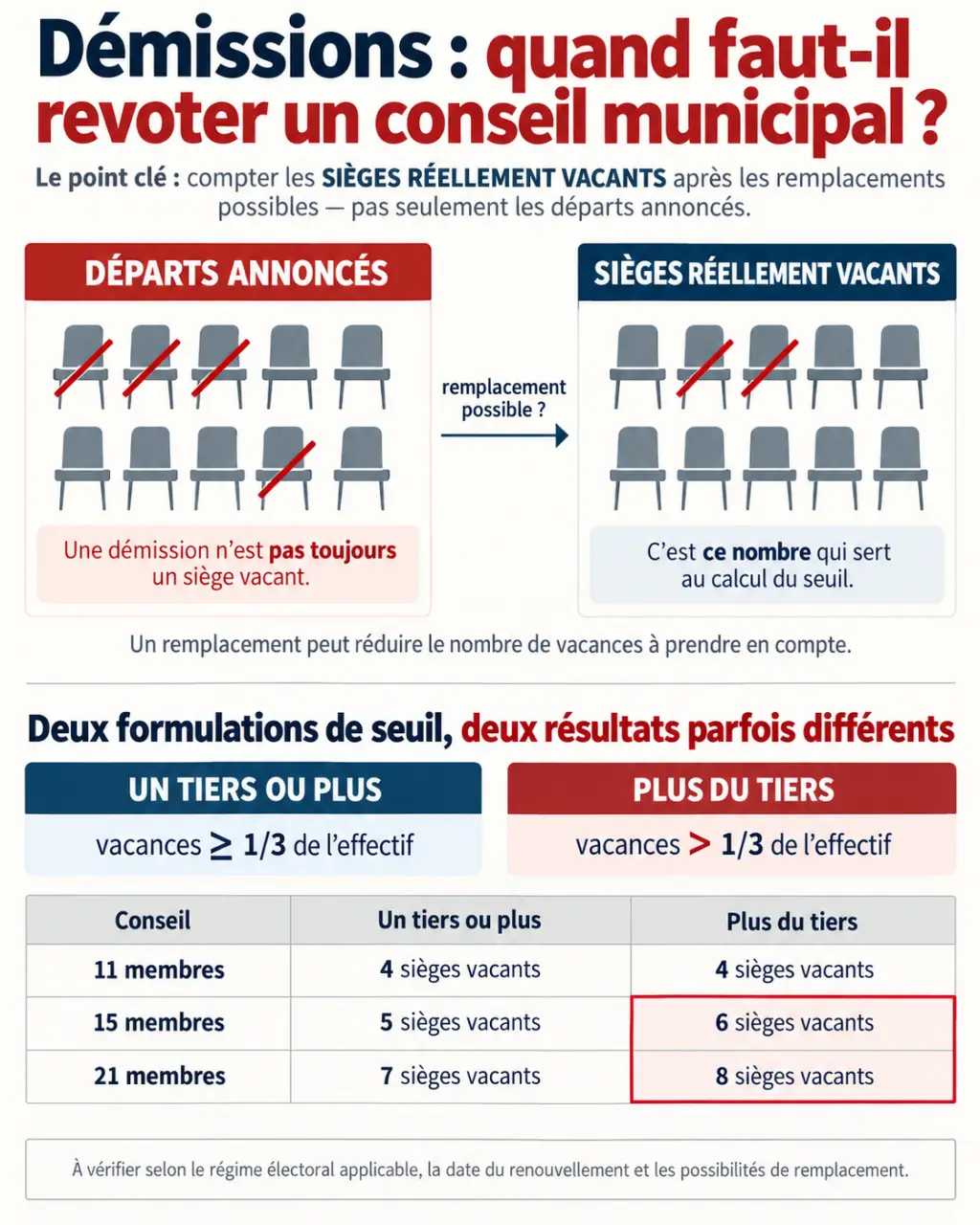 Infographie sur combien de démissions pour revoter un conseil municipal et sur les seuils de sièges vacants