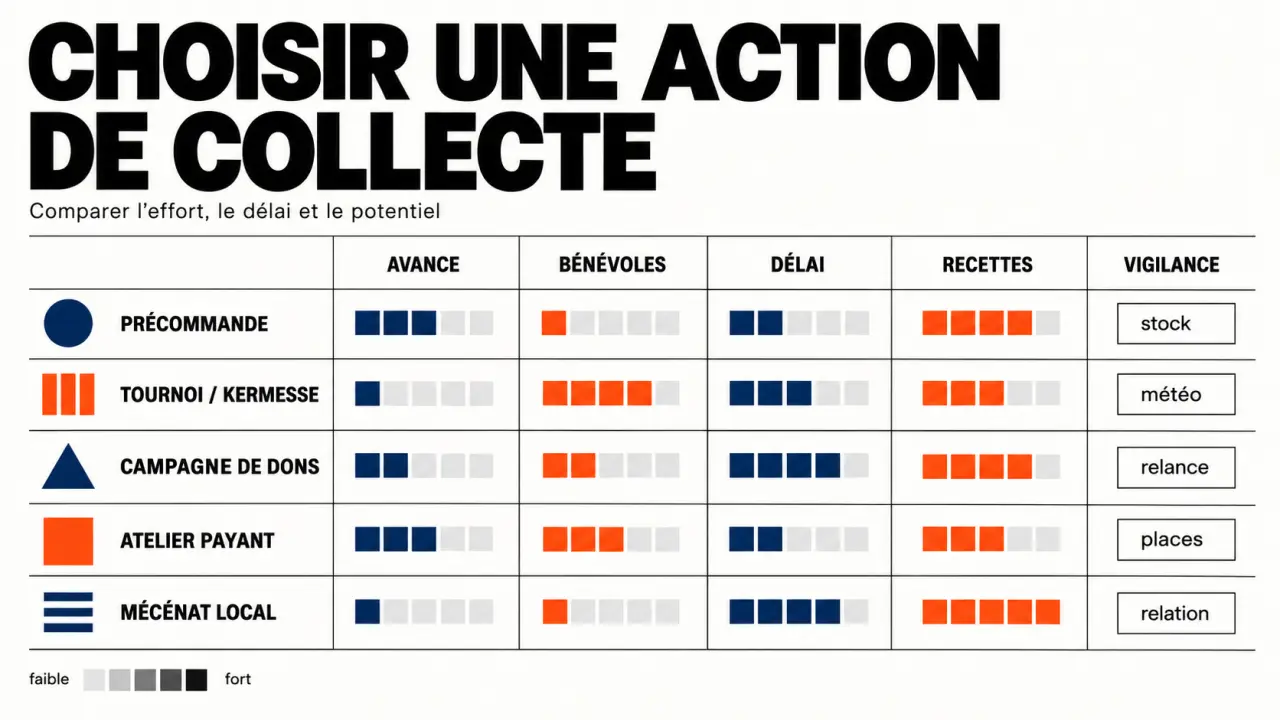 Infographie des idées pour gagner de l'argent pour une association selon les recettes, les bénévoles et les points de vigilance