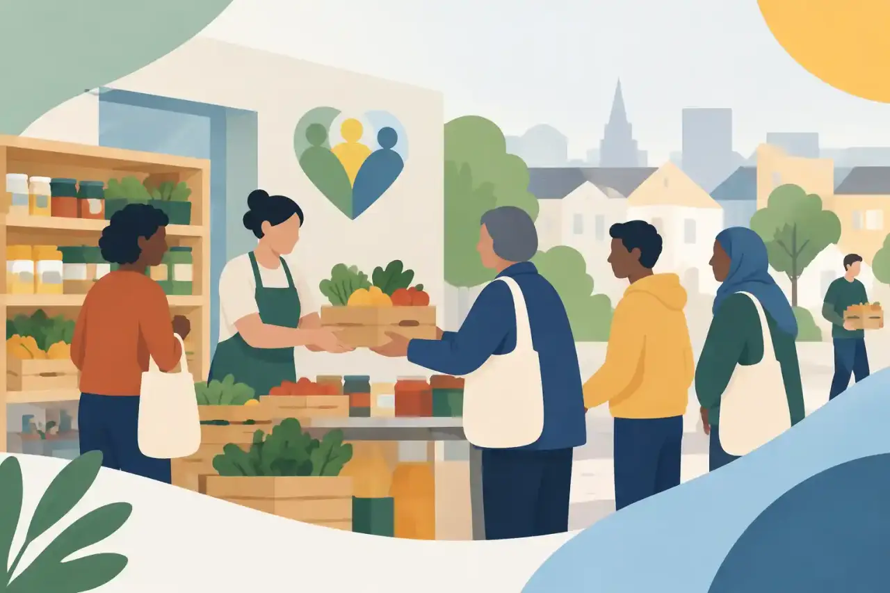 Habitants réunis dans une épicerie solidaire de quartier