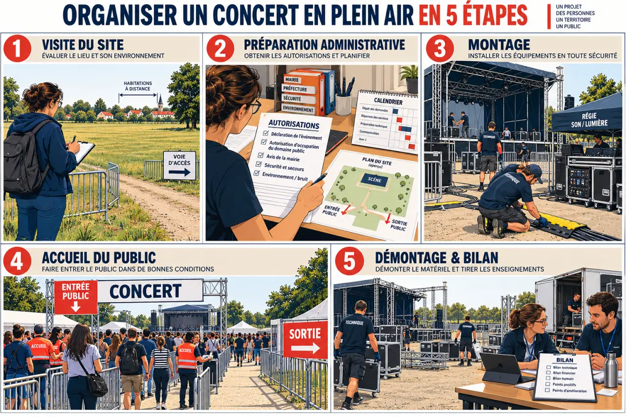 Étapes pour organiser un concert en plein air, de la préparation du site au démontage