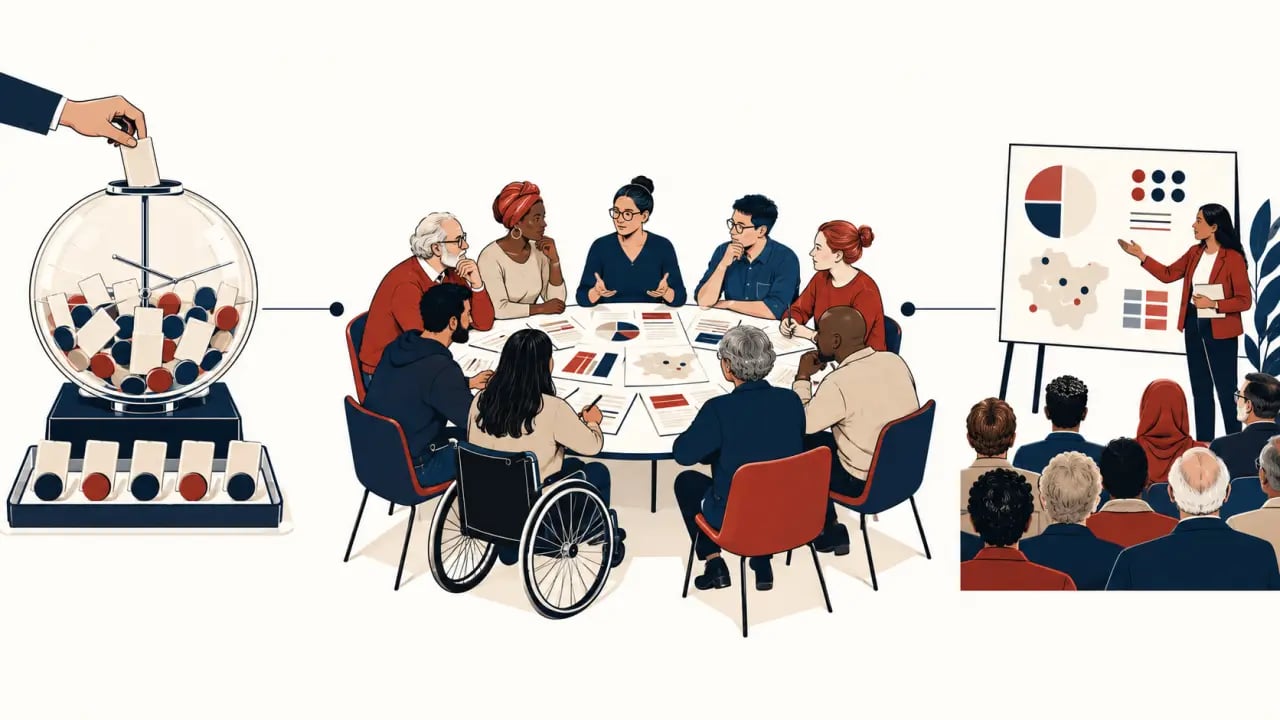 Illustration éditoriale montrant le fonctionnement d’un collectif citoyens et la participation par tirage au sort