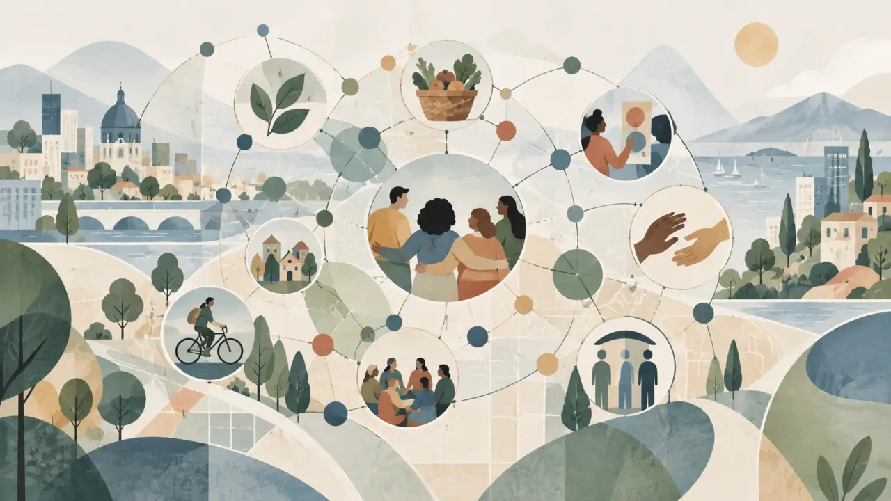 Des citoyens réunis dans un espace urbain pour une initiative solidaire