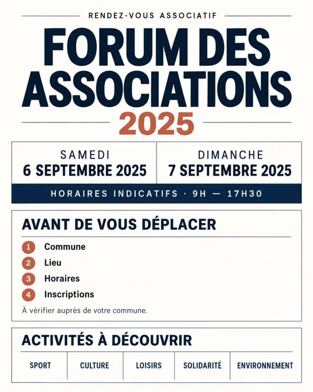 Infographie pratique du forum des associations 2025 avec dates, horaires et informations à vérifier