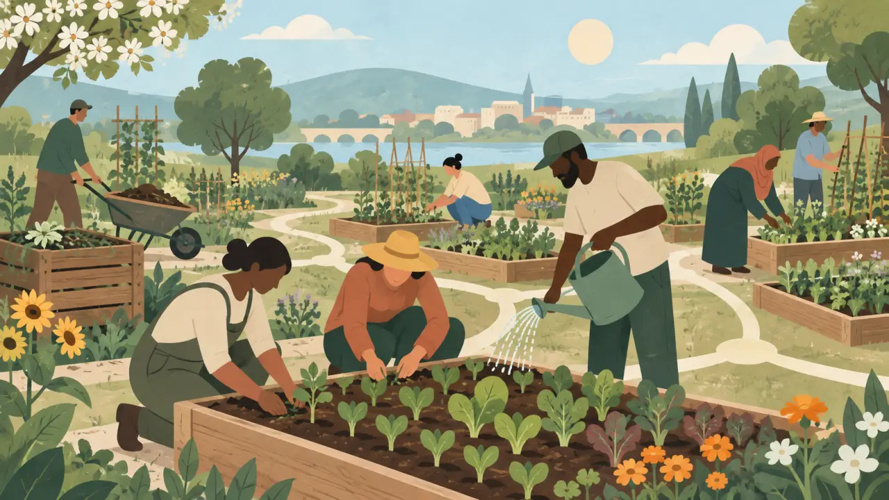 Des habitantes et habitants réunis dans un jardin partagé au printemps