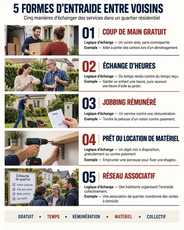 Infographie sur les différents modèles d'entraide entre voisins