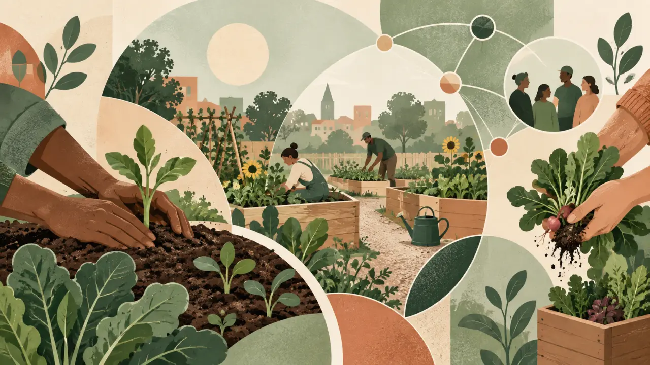 Personnes cultivant ensemble un jardin partagé au printemps